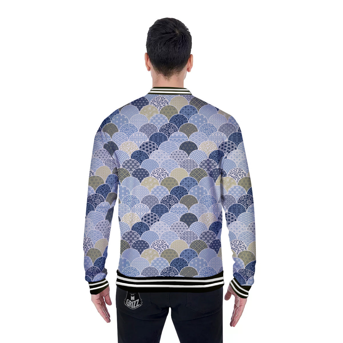 Patchwork Blue Traditional Japanese Print Pattern Baseball Jacket-grizzshop