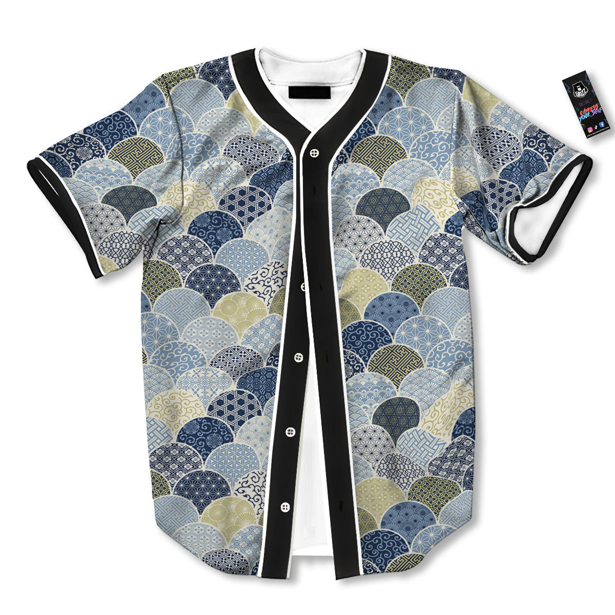 Patchwork Blue Traditional Japanese Print Pattern Baseball Jersey-grizzshop
