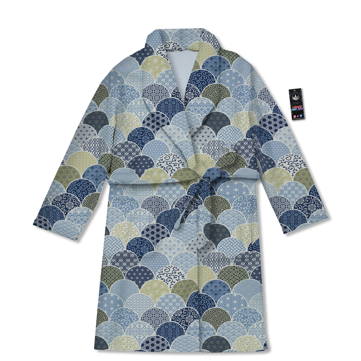 Patchwork Blue Traditional Japanese Print Pattern Bathrobe-grizzshop