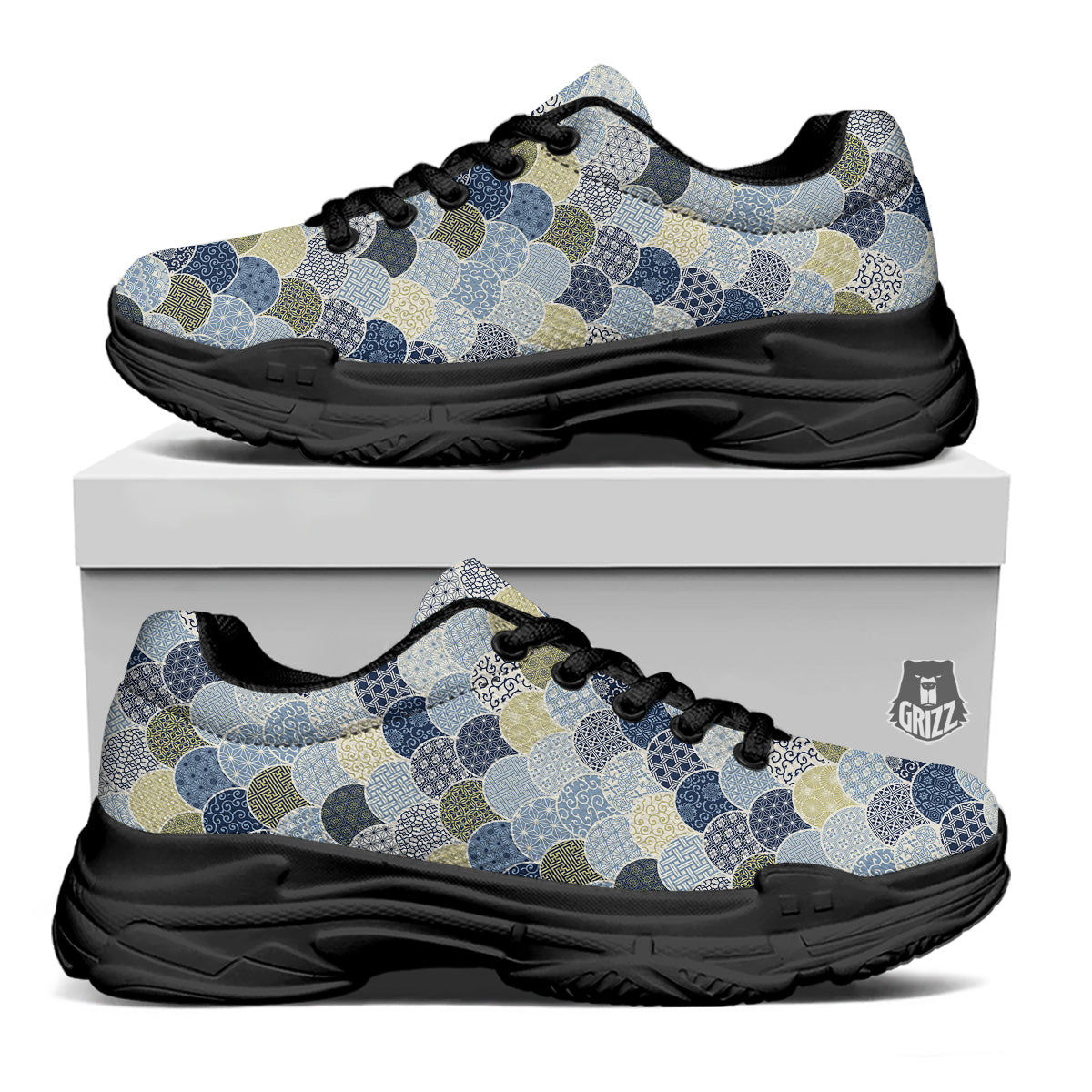Patchwork Blue Traditional Japanese Print Pattern Black Chunky Shoes-grizzshop