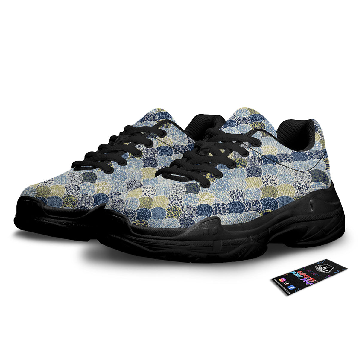 Patchwork Blue Traditional Japanese Print Pattern Black Chunky Shoes-grizzshop
