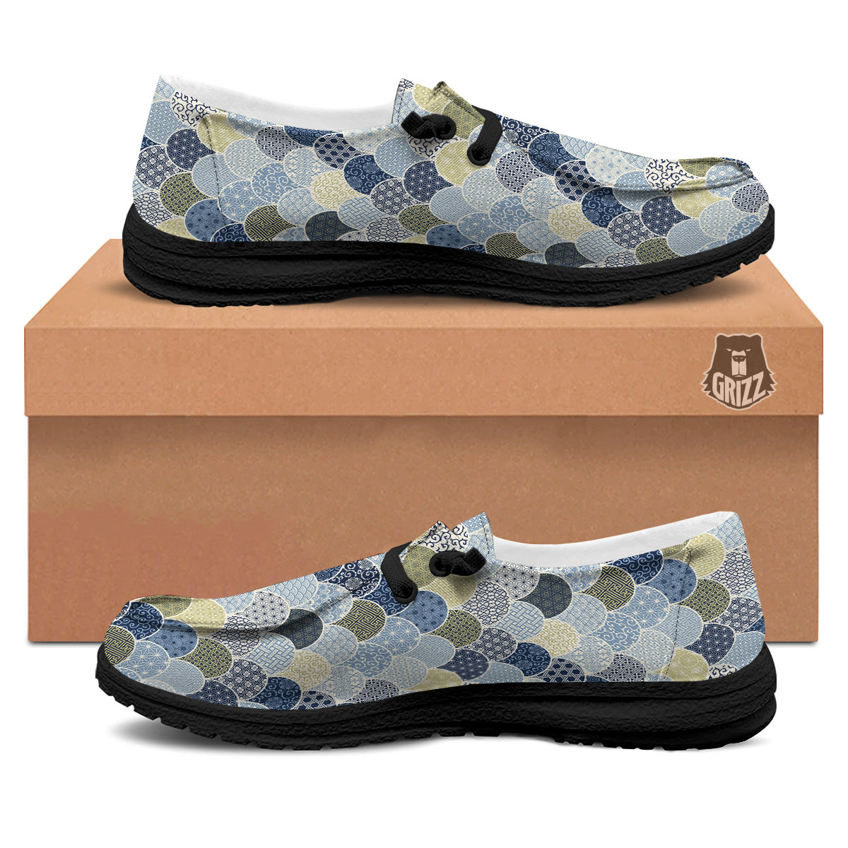 Patchwork Blue Traditional Japanese Print Pattern Black Loafers-grizzshop