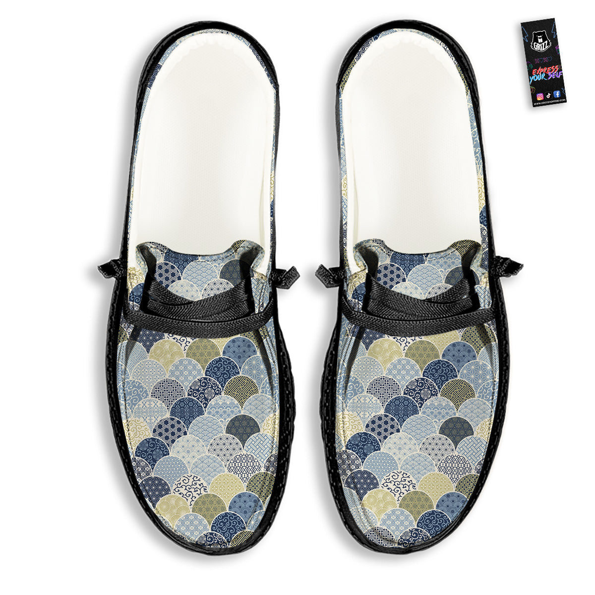 Patchwork Blue Traditional Japanese Print Pattern Black Loafers-grizzshop