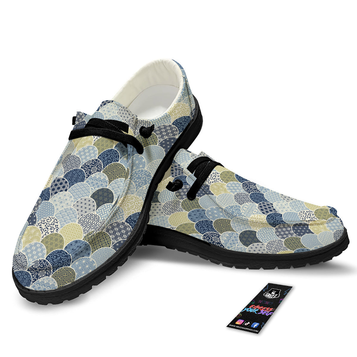Patchwork Blue Traditional Japanese Print Pattern Black Loafers-grizzshop