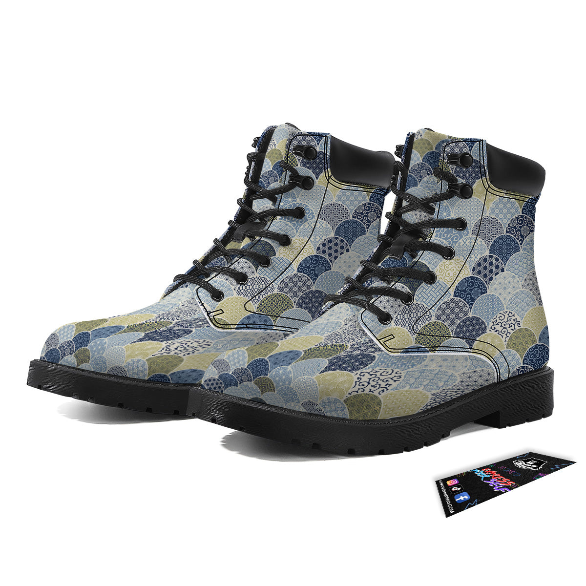 Patchwork Blue Traditional Japanese Print Pattern Boots-grizzshop