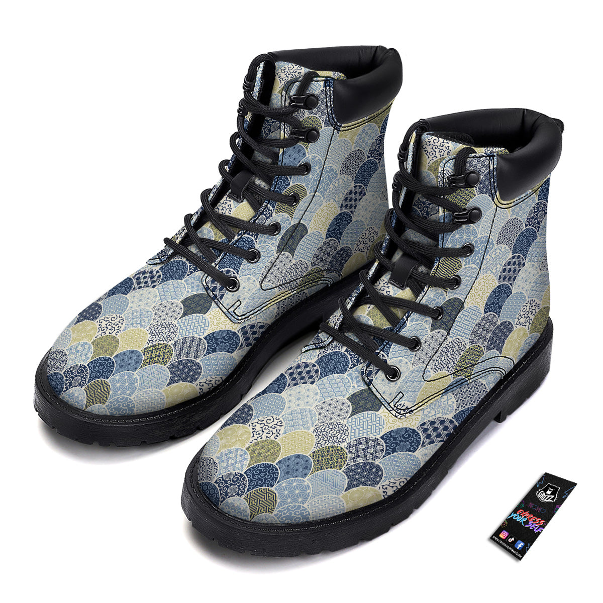 Patchwork Blue Traditional Japanese Print Pattern Boots-grizzshop