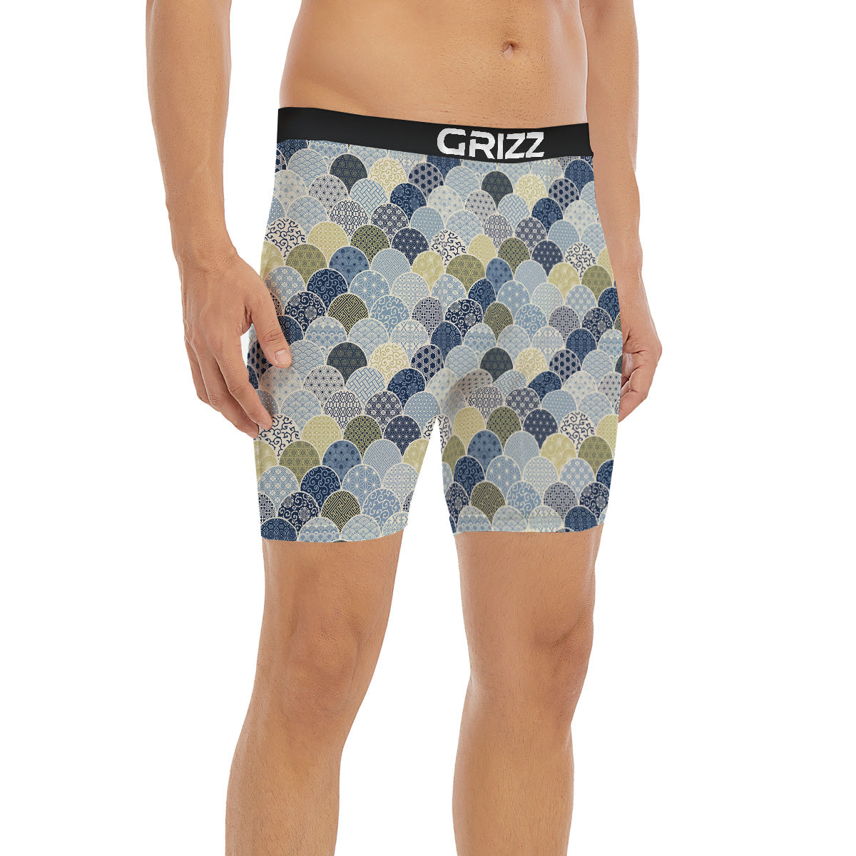 Patchwork Blue Traditional Japanese Print Pattern Boxer Briefs-grizzshop