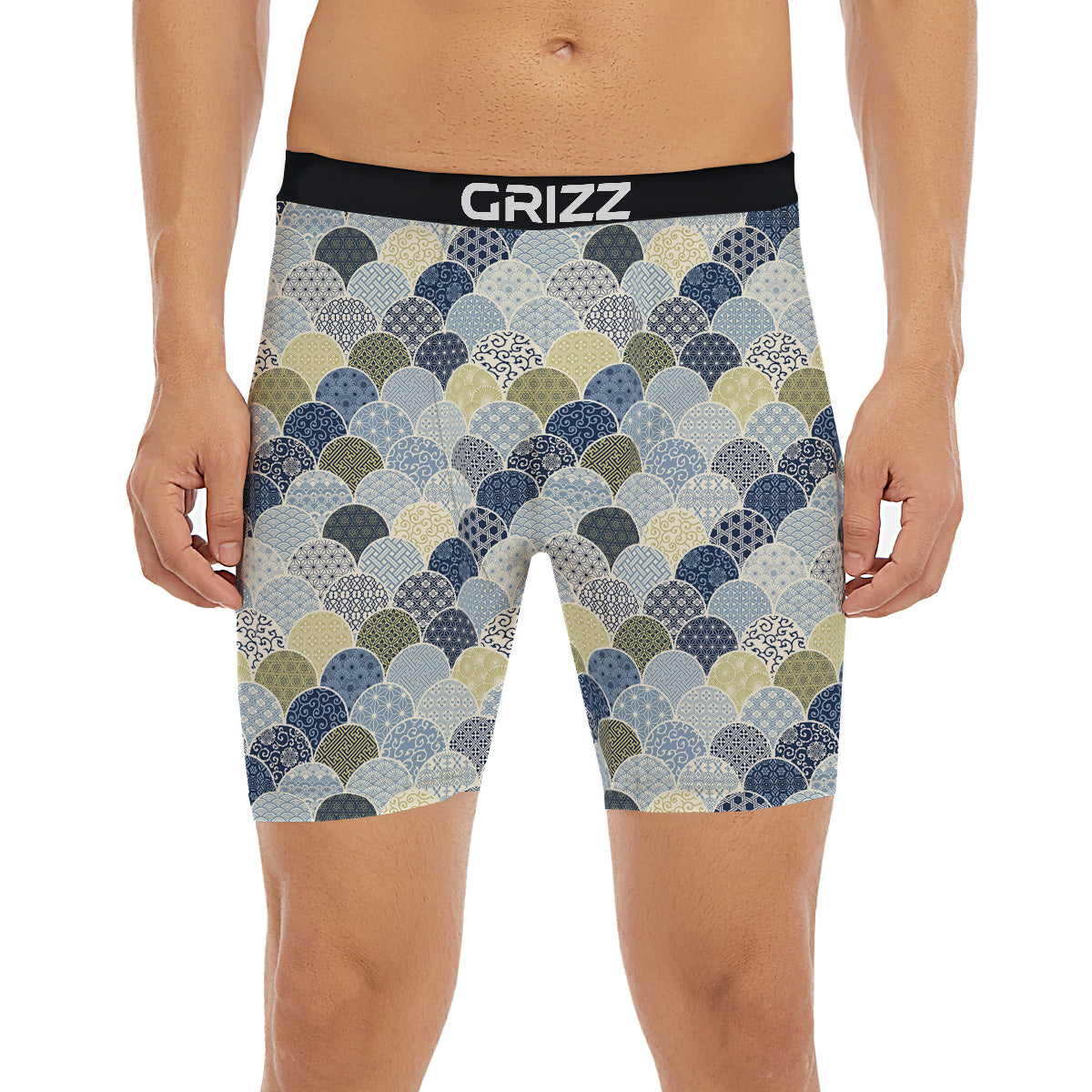 Patchwork Blue Traditional Japanese Print Pattern Boxer Briefs-grizzshop