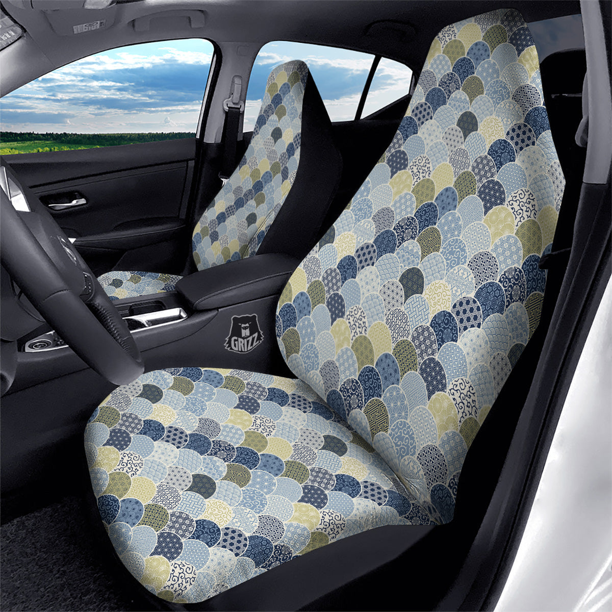 Patchwork Blue Traditional Japanese Print Pattern Car Seat Covers-grizzshop