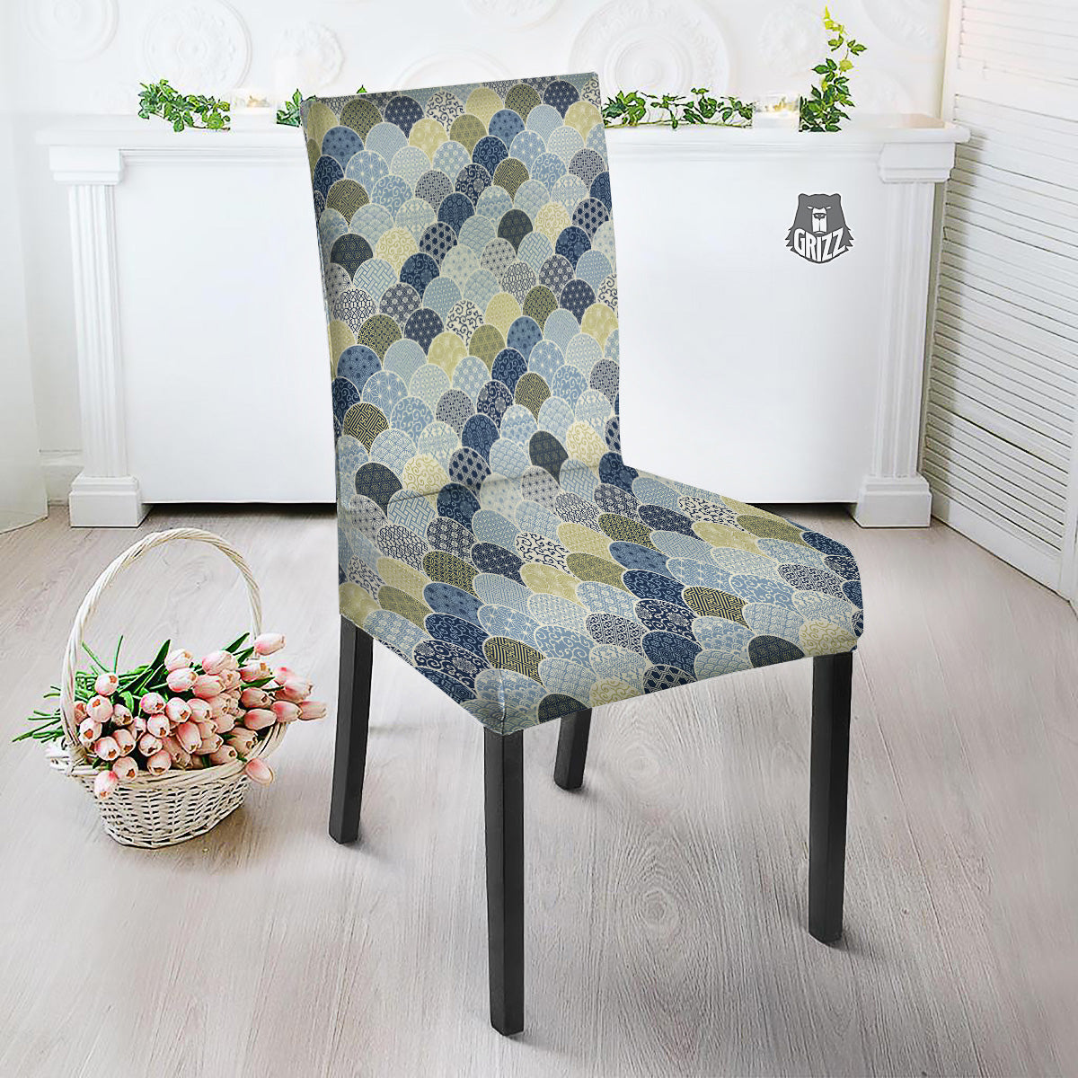 Patchwork Blue Traditional Japanese Print Pattern Dining Chair Slipcover-grizzshop