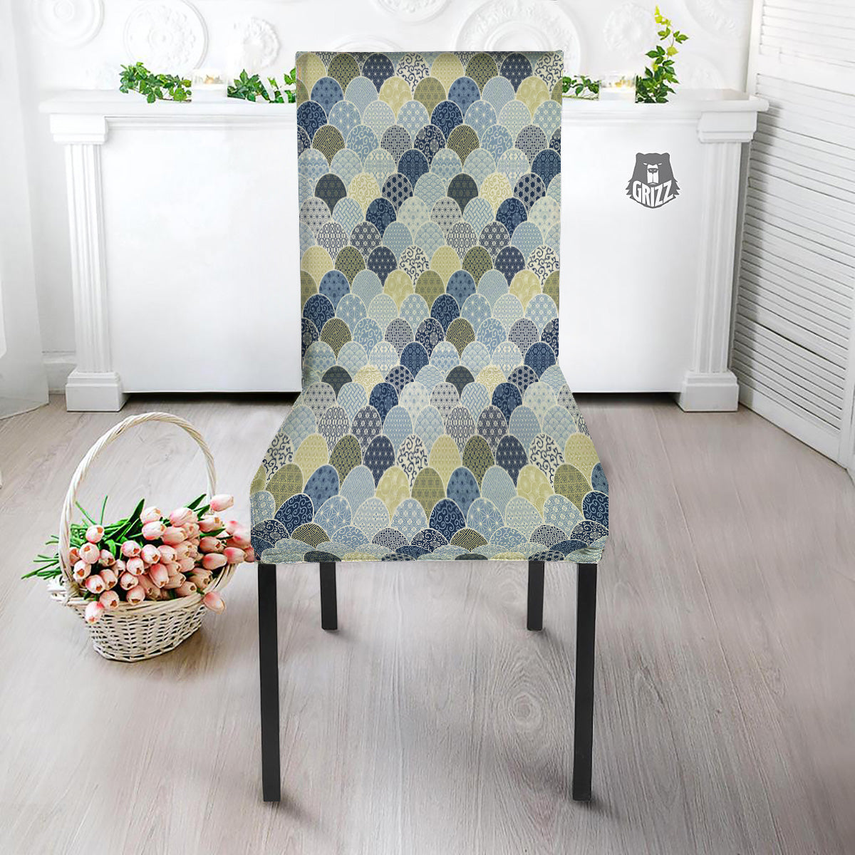 Patchwork Blue Traditional Japanese Print Pattern Dining Chair Slipcover-grizzshop