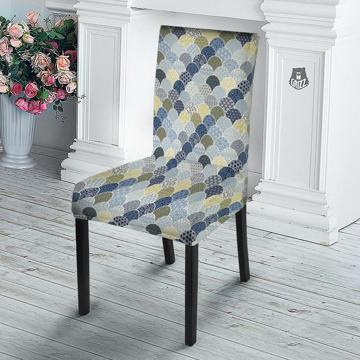 Patchwork Blue Traditional Japanese Print Pattern Dining Chair Slipcover-grizzshop