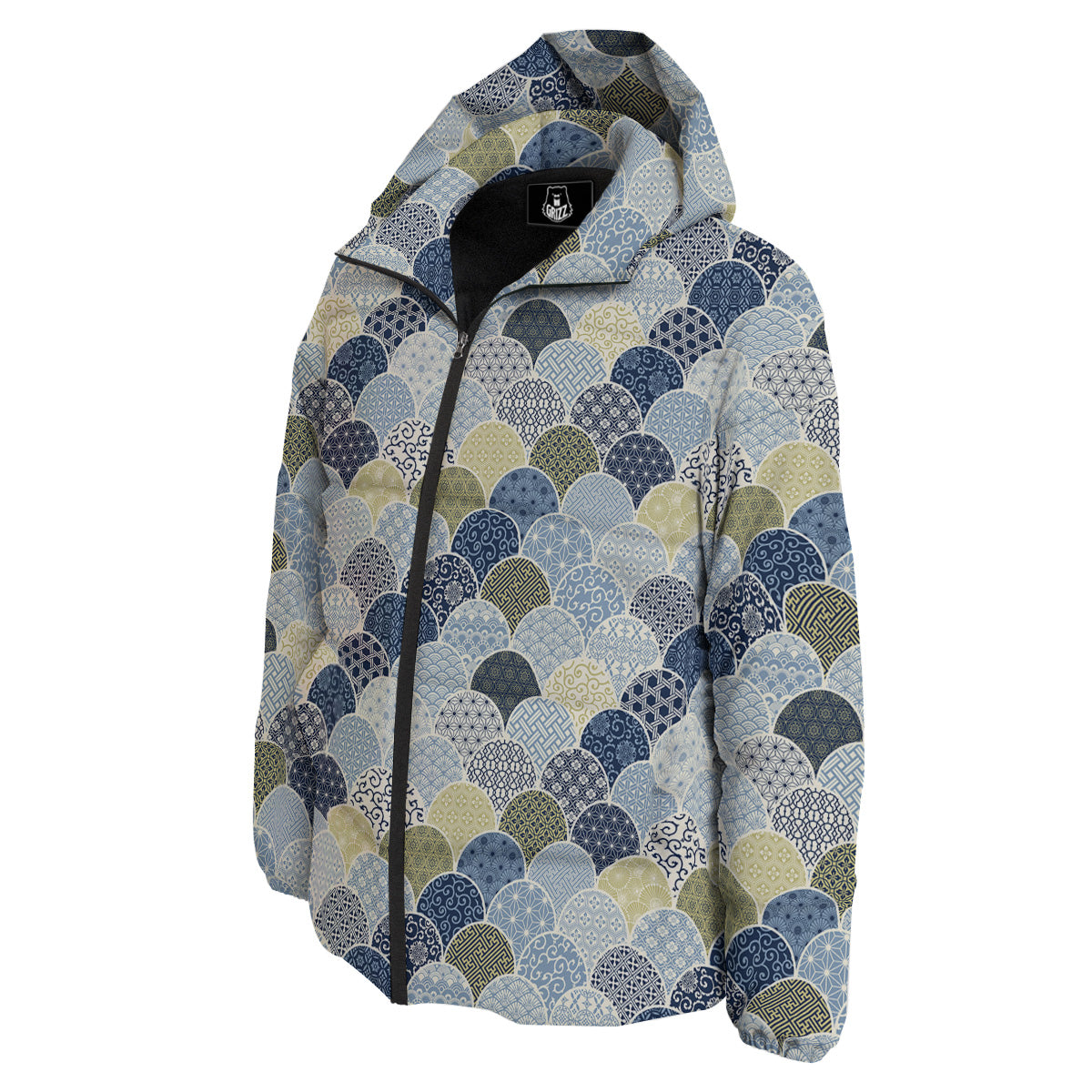 Patchwork Blue Traditional Japanese Print Pattern Down Jacket-grizzshop