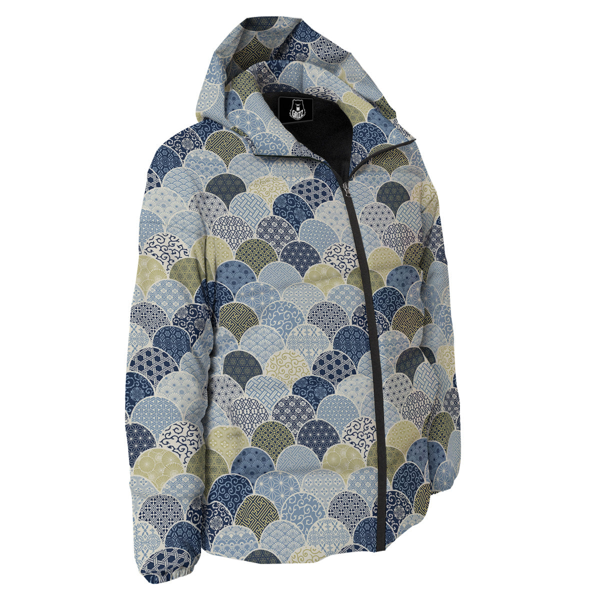 Patchwork Blue Traditional Japanese Print Pattern Down Jacket-grizzshop