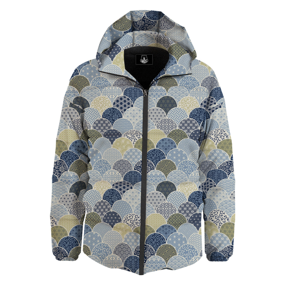 Patchwork Blue Traditional Japanese Print Pattern Down Jacket-grizzshop
