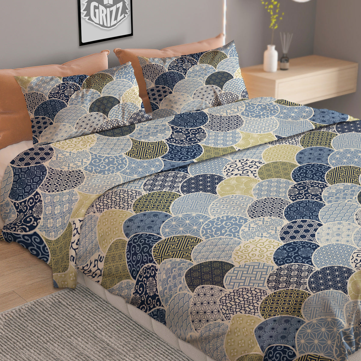 Patchwork Blue Traditional Japanese Print Pattern Duvet Cover Bedding Set