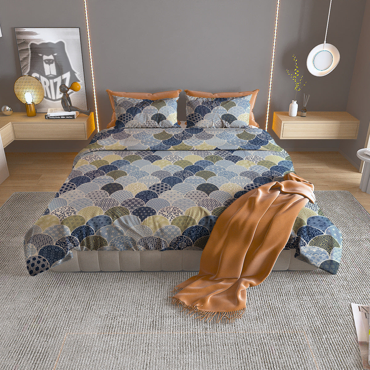 Patchwork Blue Traditional Japanese Print Pattern Duvet Cover Bedding Set