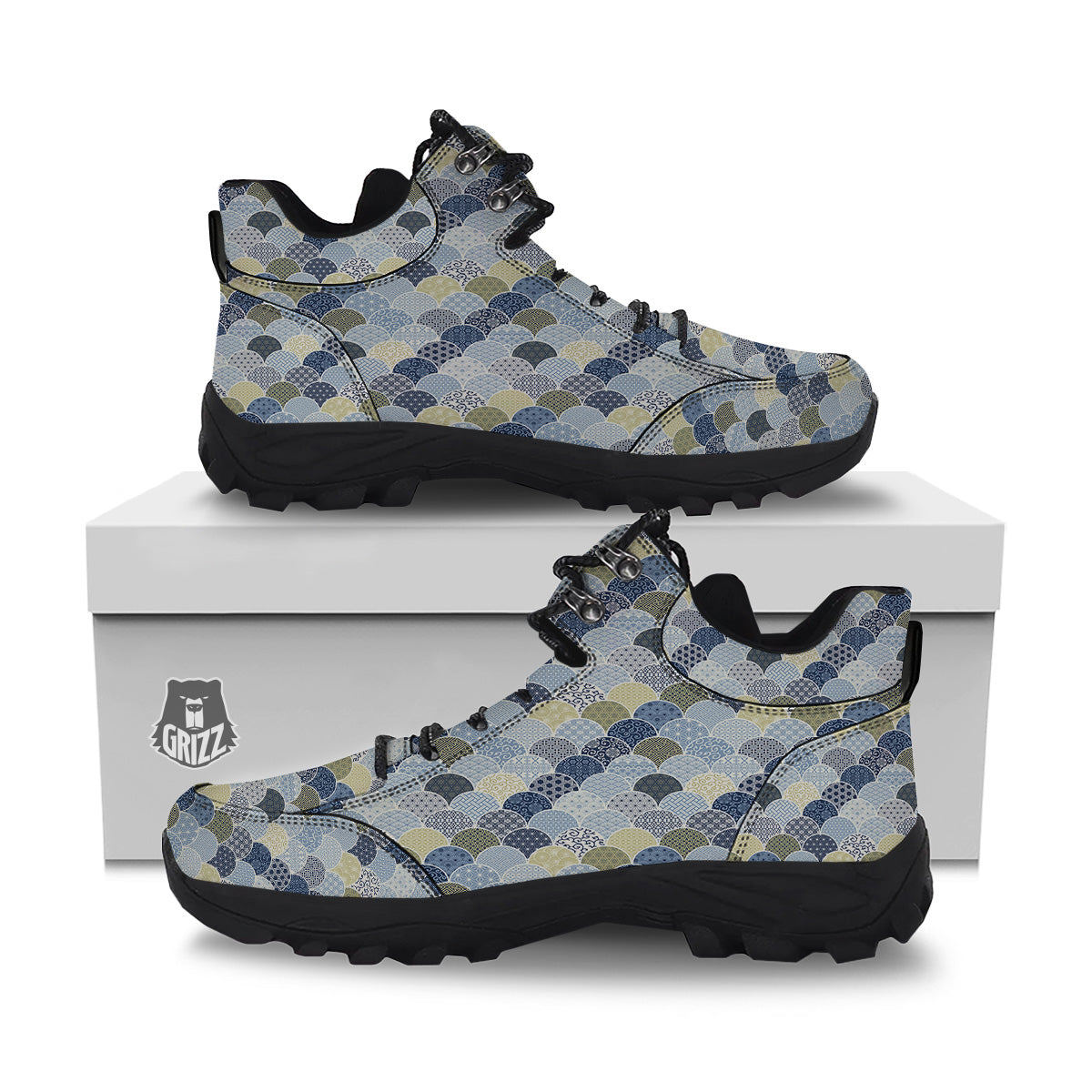Patchwork Blue Traditional Japanese Print Pattern Hiking Shoes-grizzshop