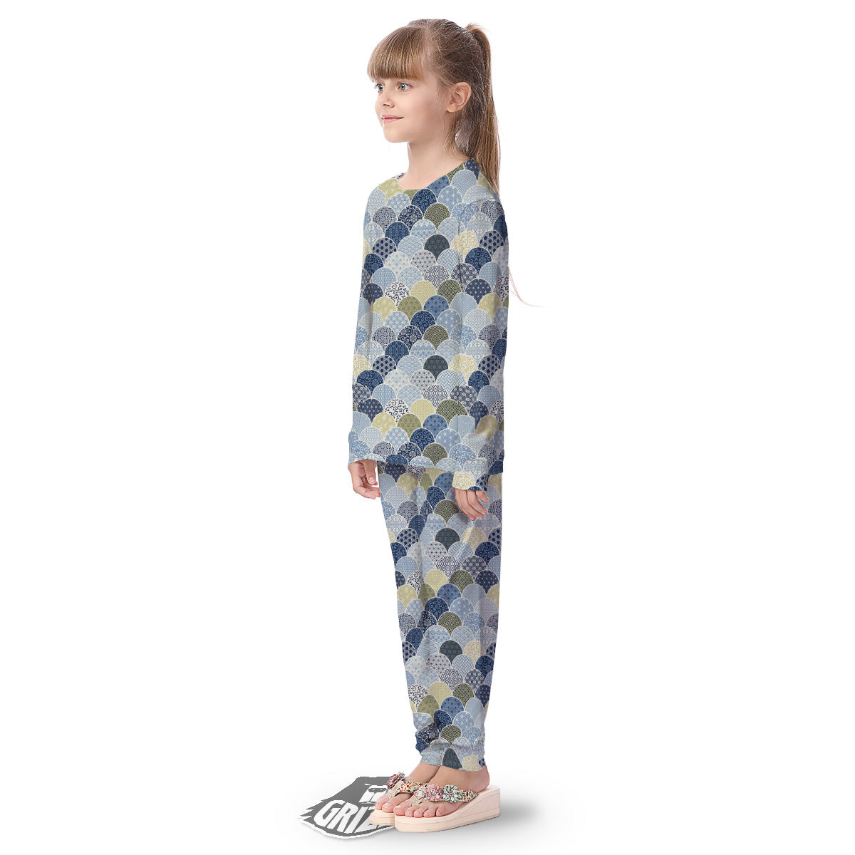 Patchwork Blue Traditional Japanese Print Pattern Kid's Pajamas-grizzshop