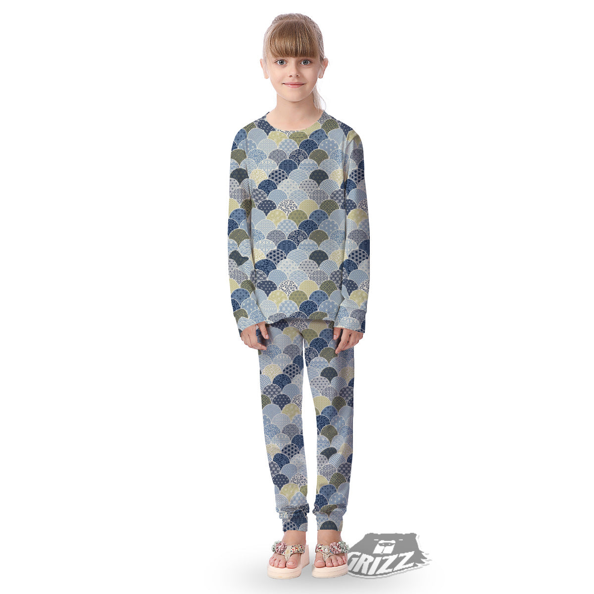 Patchwork Blue Traditional Japanese Print Pattern Kid's Pajamas-grizzshop