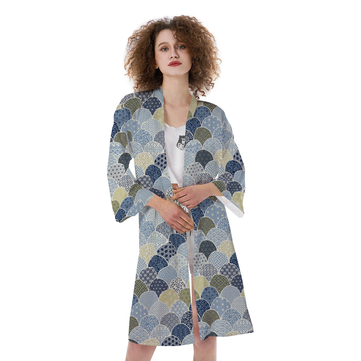 Patchwork Blue Traditional Japanese Print Pattern Kimono-grizzshop