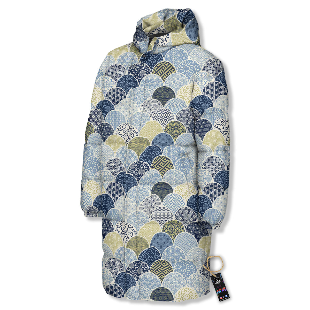 Patchwork Blue Traditional Japanese Print Pattern Long Down Jacket-grizzshop
