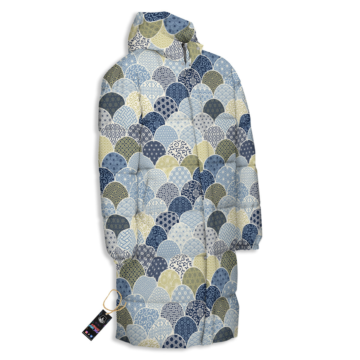 Patchwork Blue Traditional Japanese Print Pattern Long Down Jacket-grizzshop
