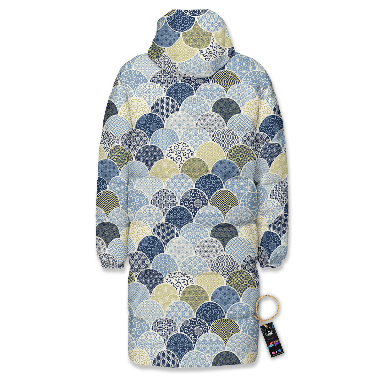 Patchwork Blue Traditional Japanese Print Pattern Long Down Jacket-grizzshop