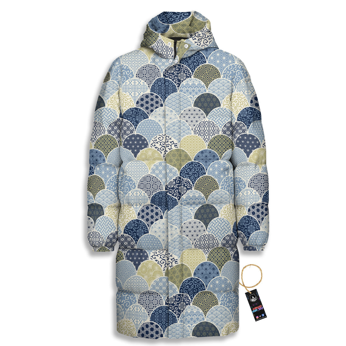 Patchwork Blue Traditional Japanese Print Pattern Long Down Jacket-grizzshop