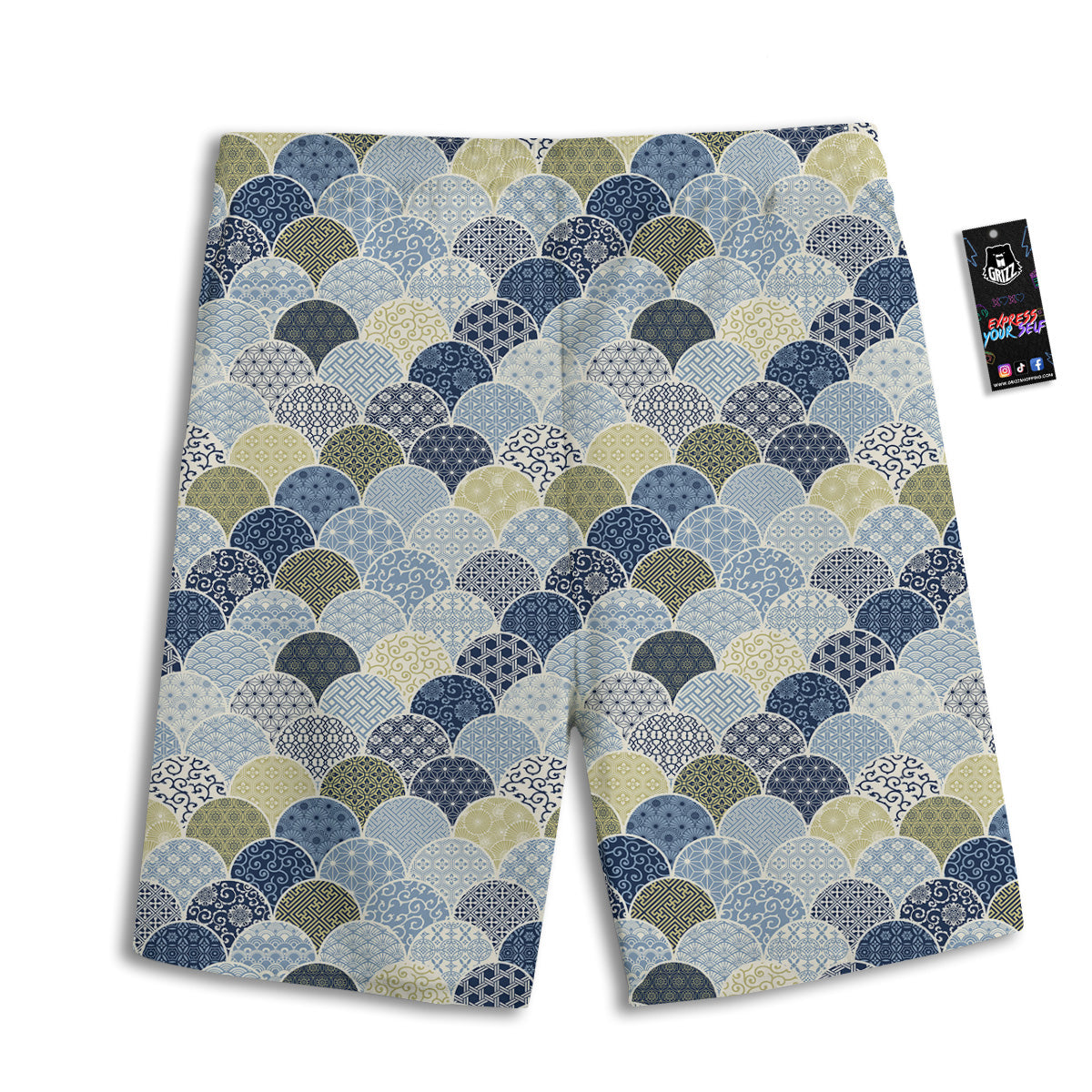 Patchwork Blue Traditional Japanese Print Pattern Men's Athletic Shorts