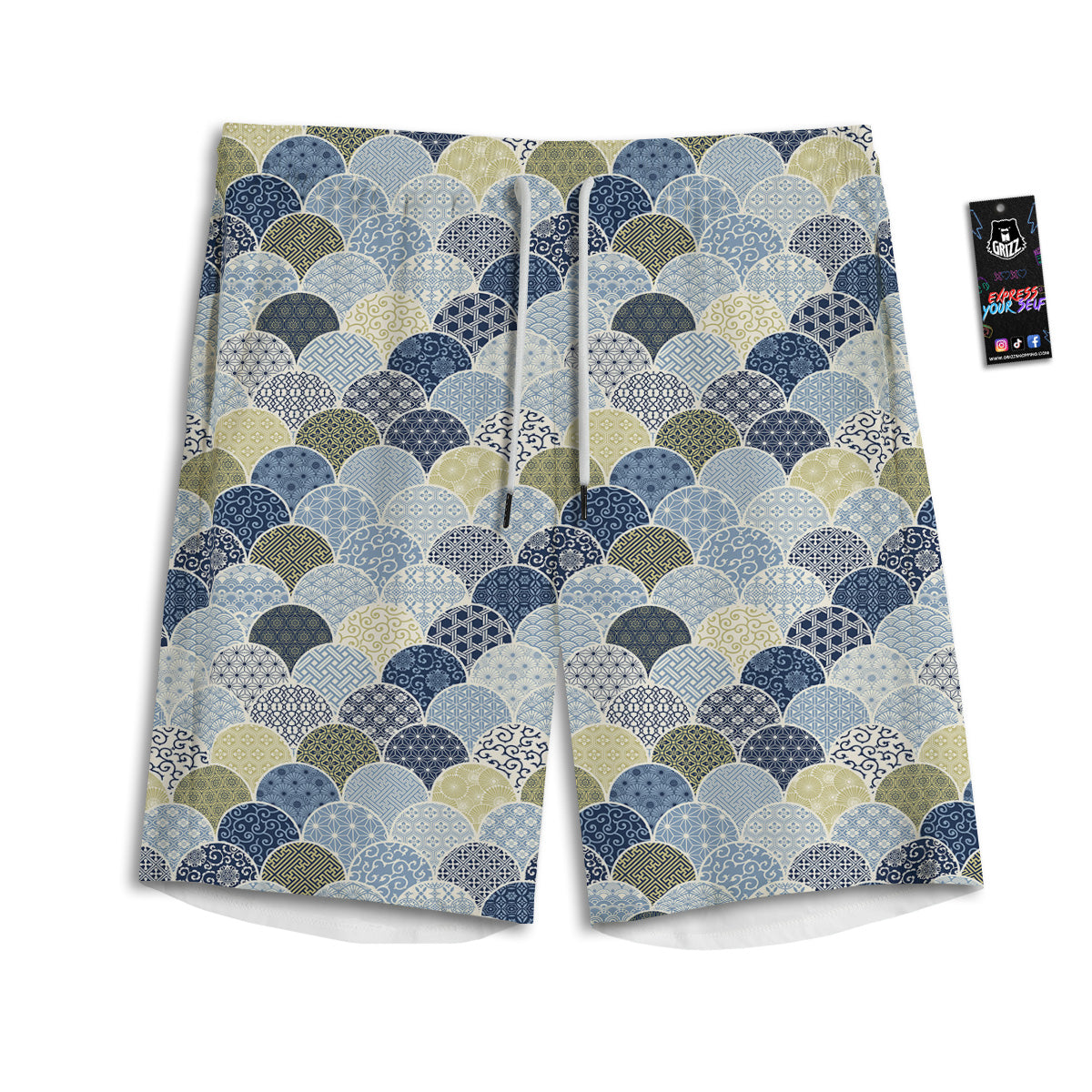 Patchwork Blue Traditional Japanese Print Pattern Men's Athletic Shorts