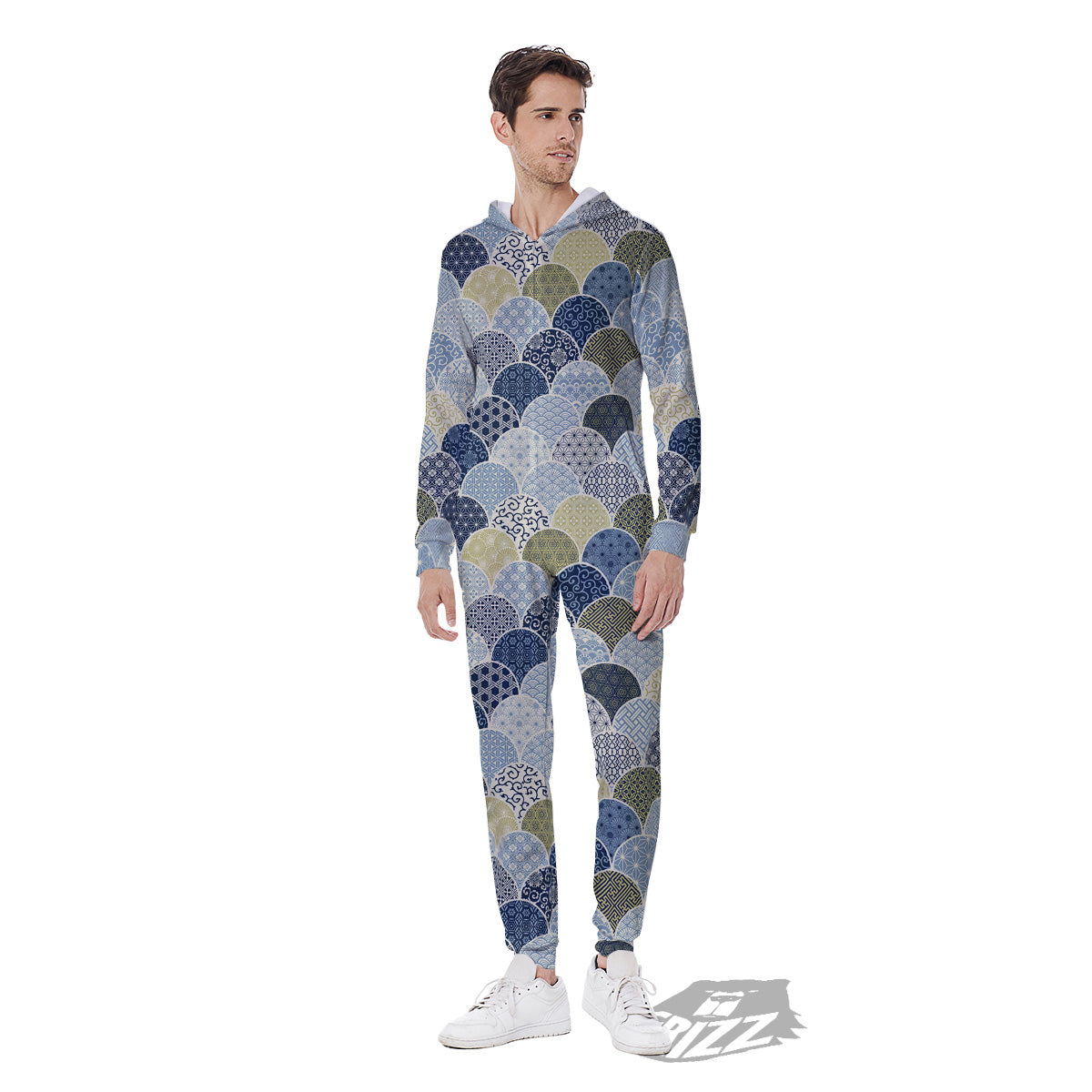 Patchwork Blue Traditional Japanese Print Pattern Men's Jumpsuit-grizzshop