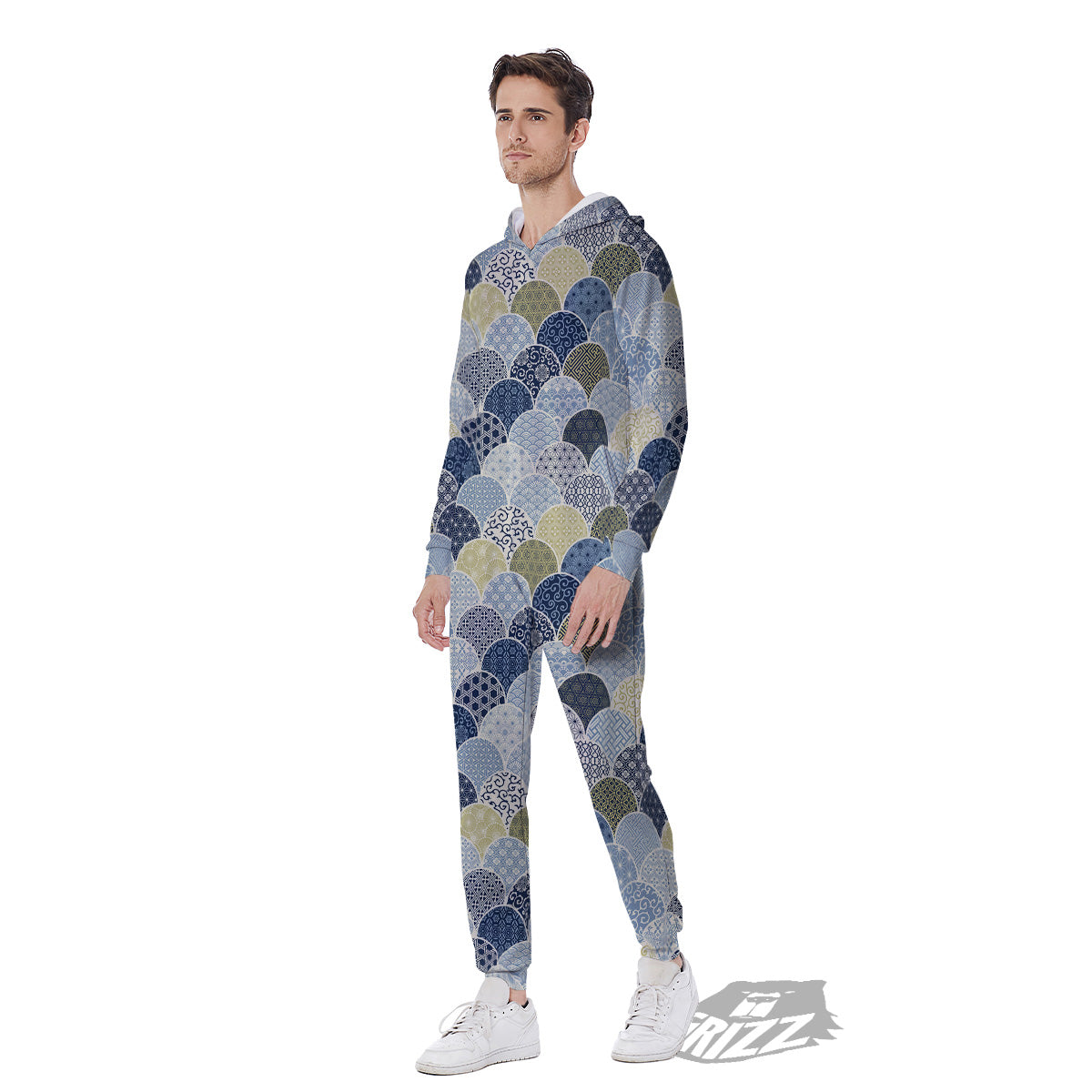 Patchwork Blue Traditional Japanese Print Pattern Men's Jumpsuit-grizzshop
