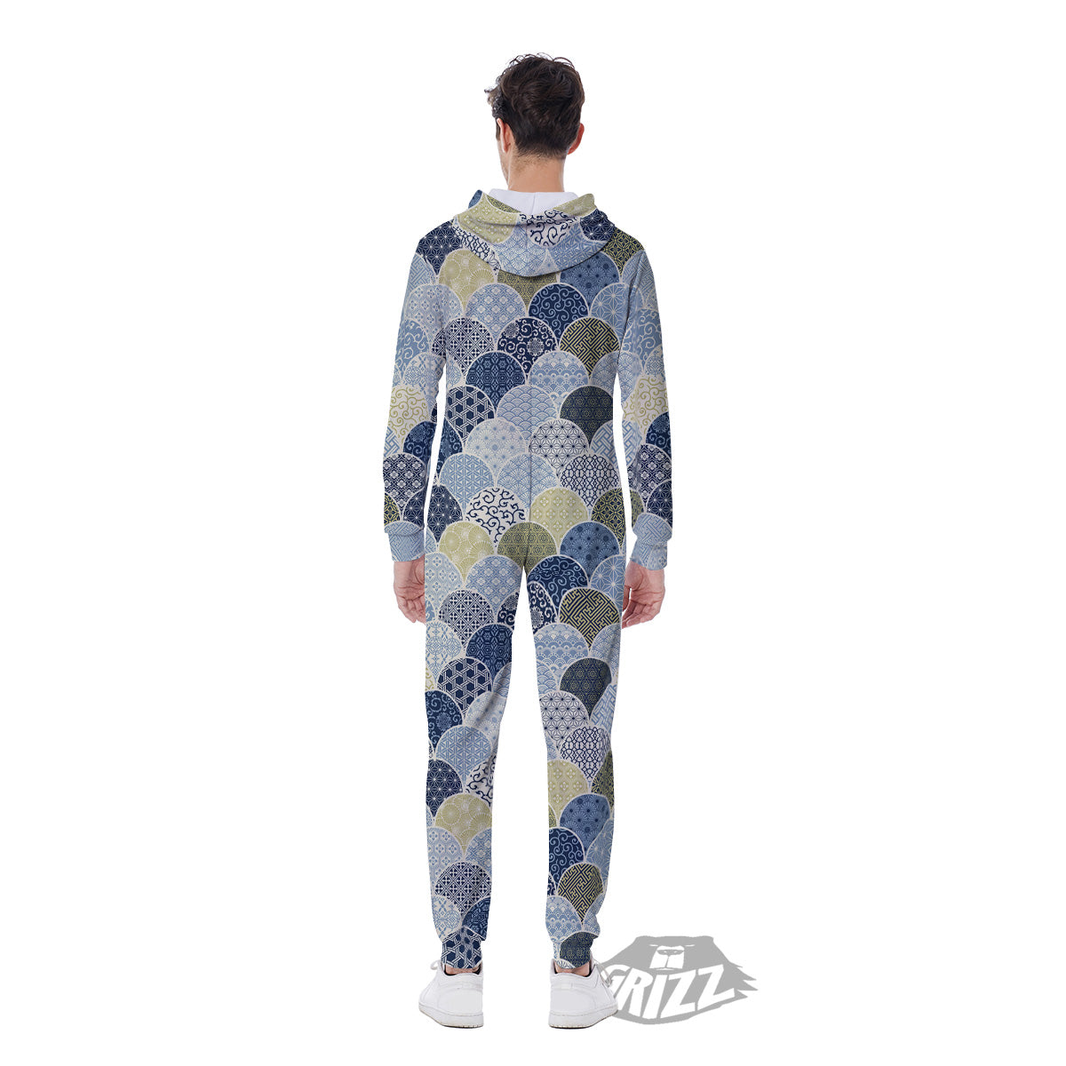 Patchwork Blue Traditional Japanese Print Pattern Men's Jumpsuit-grizzshop