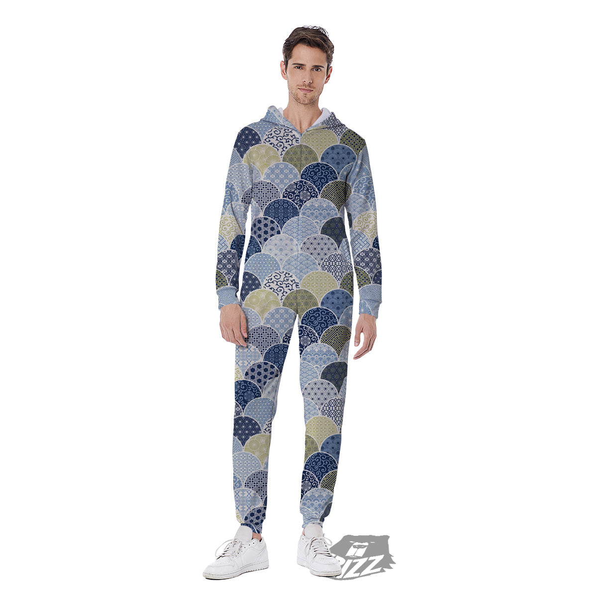 Patchwork Blue Traditional Japanese Print Pattern Men's Jumpsuit-grizzshop