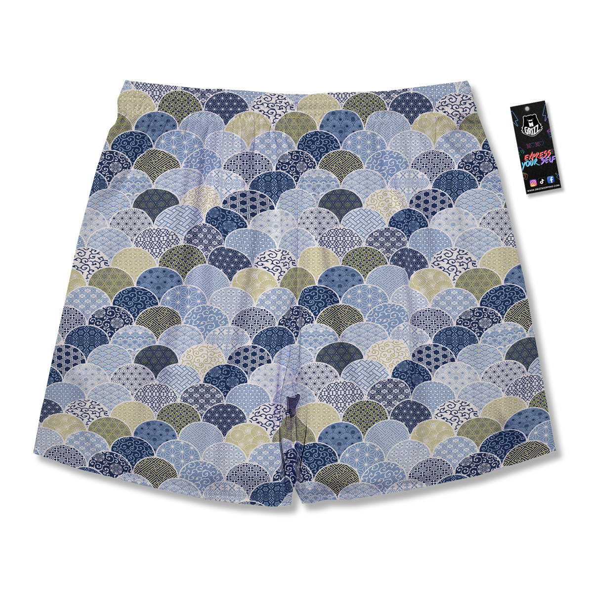 Patchwork Blue Traditional Japanese Print Pattern Men's Running Shorts-grizzshop
