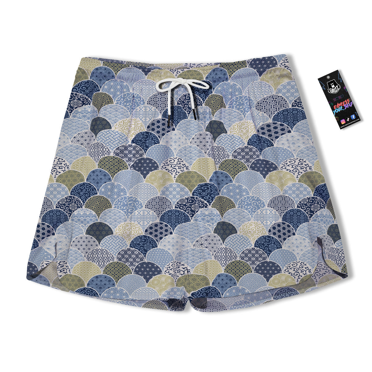 Patchwork Blue Traditional Japanese Print Pattern Men's Running Shorts-grizzshop