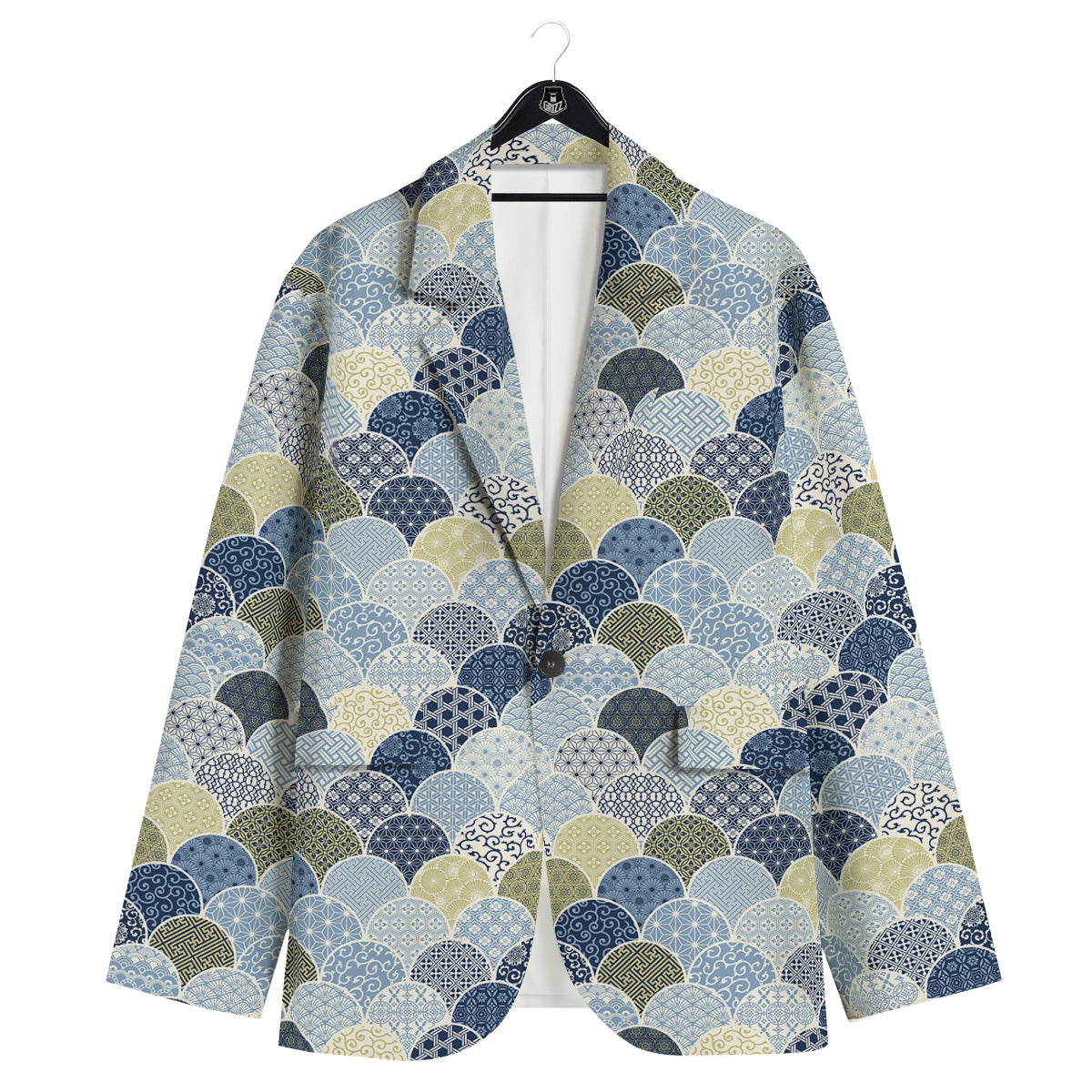 Patchwork Blue Traditional Japanese Print Pattern Men's Sport Coat-grizzshop