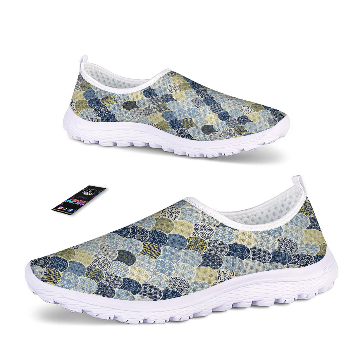 Patchwork Blue Traditional Japanese Print Pattern Nurse Shoes-grizzshop