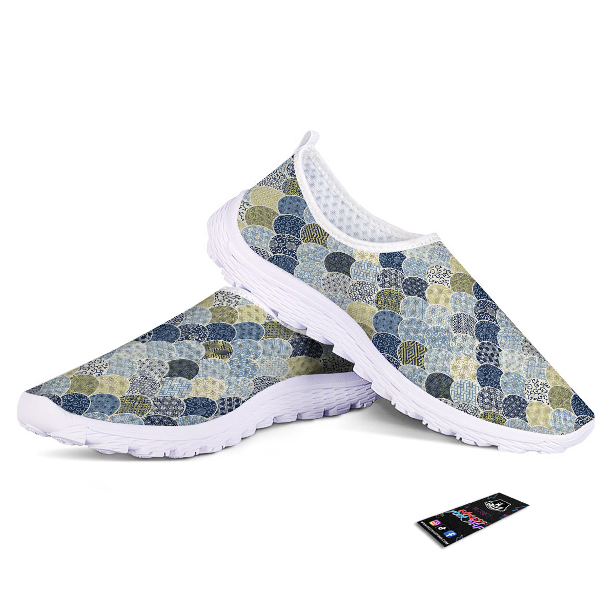 Patchwork Blue Traditional Japanese Print Pattern Nurse Shoes-grizzshop