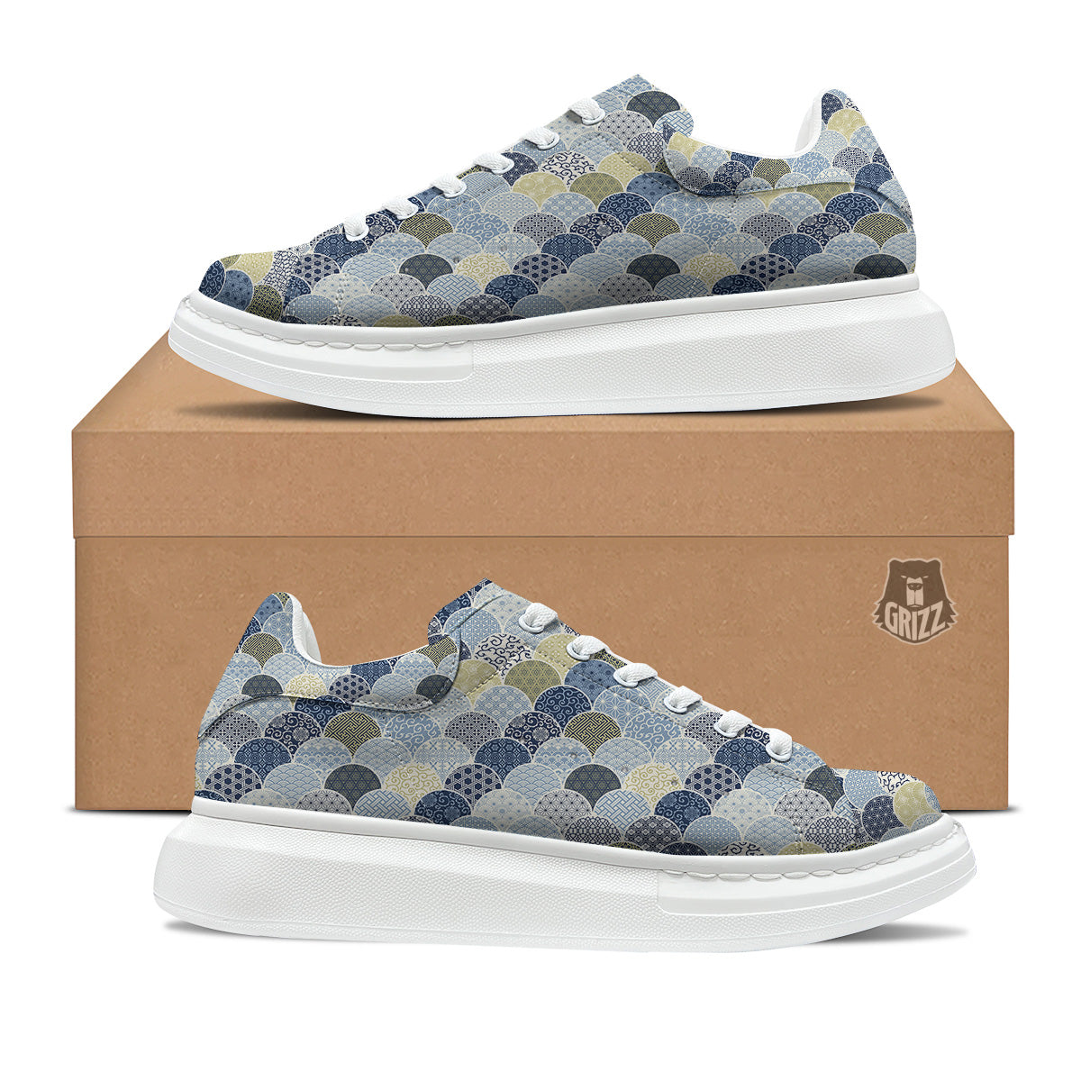 Patchwork Blue Traditional Japanese Print Pattern Platform Shoes-grizzshop