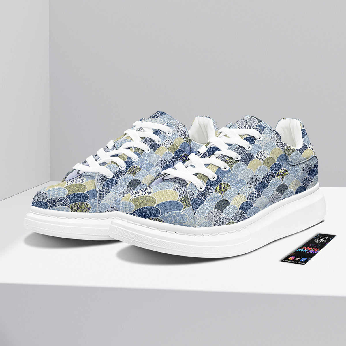 Patchwork Blue Traditional Japanese Print Pattern Platform Shoes-grizzshop