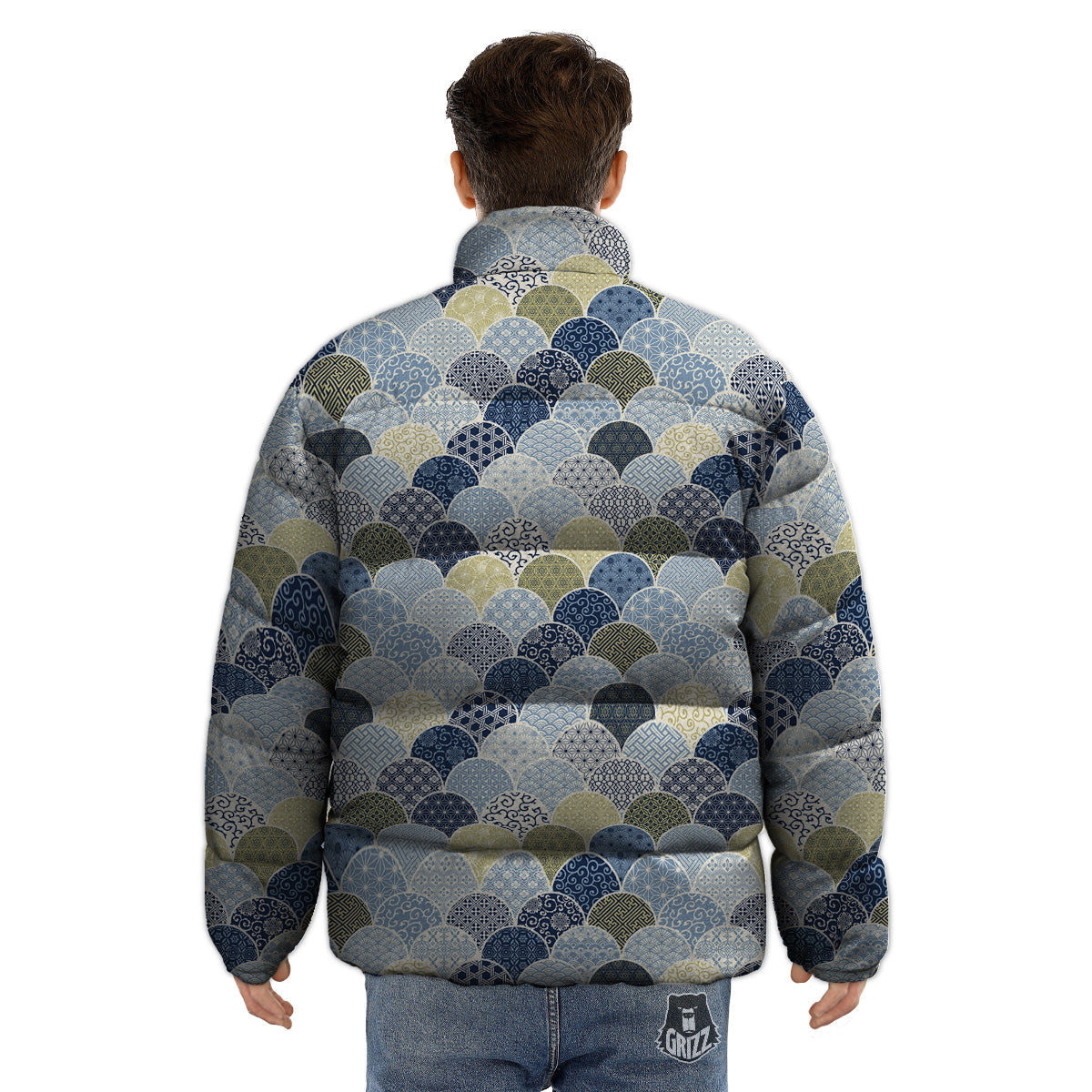 Patchwork Blue Traditional Japanese Print Pattern Puffer Jacket-grizzshop