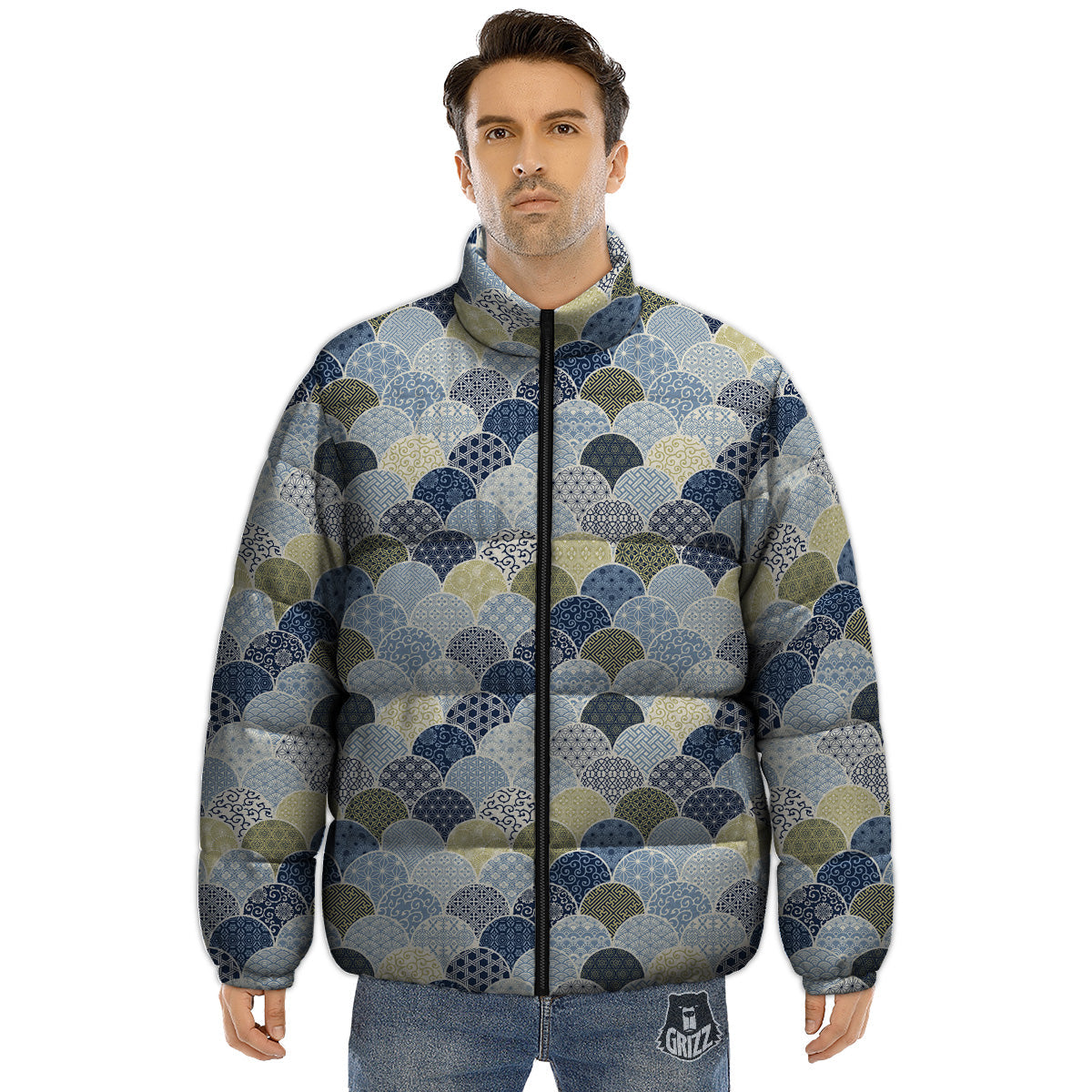 Patchwork Blue Traditional Japanese Print Pattern Puffer Jacket-grizzshop