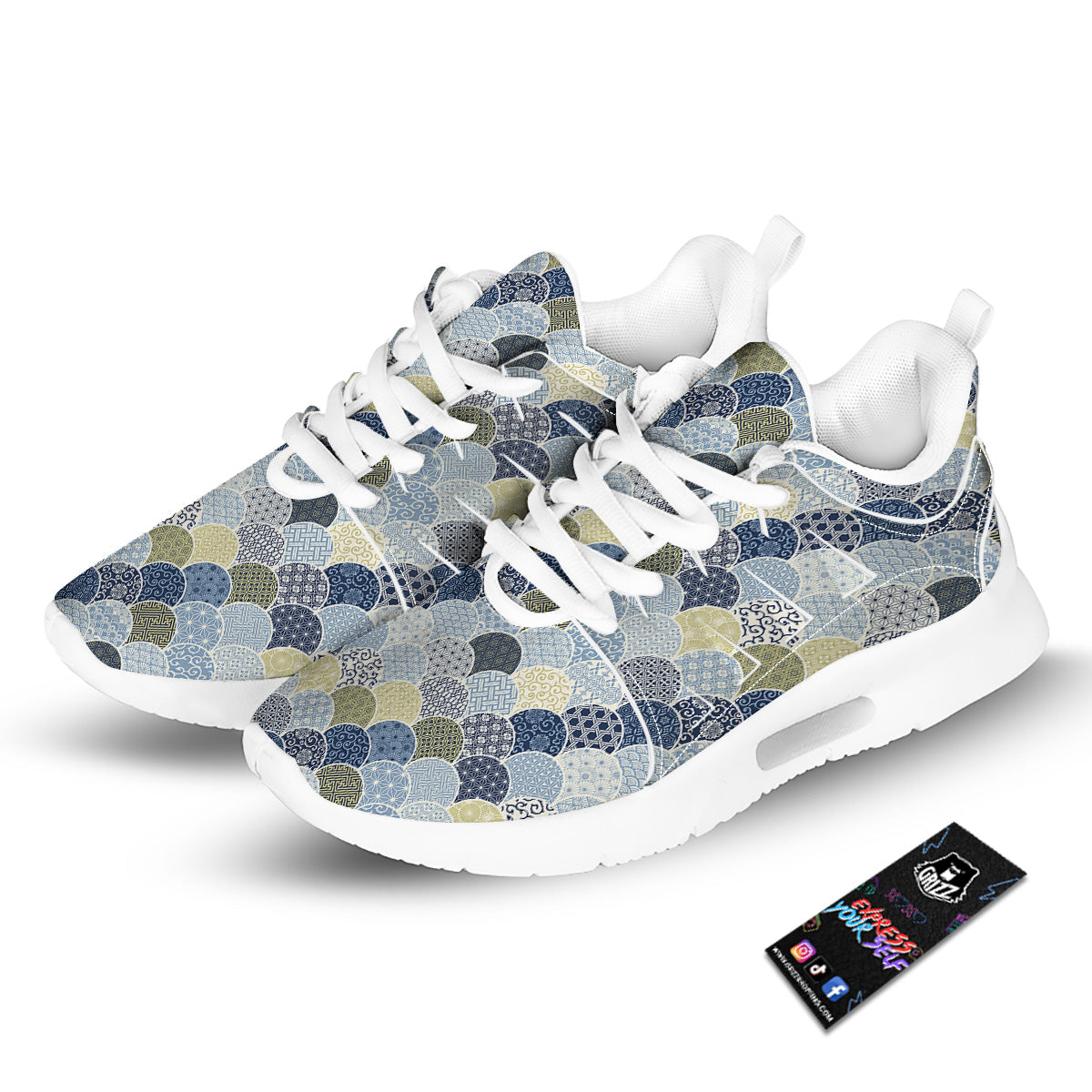 Patchwork Blue Traditional Japanese Print Pattern Tennis Shoes-grizzshop