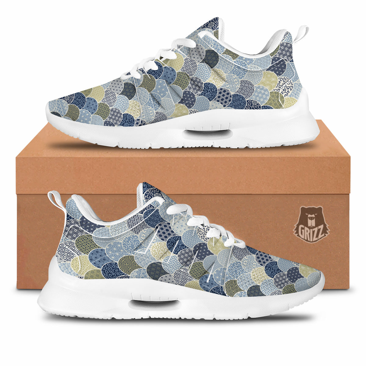 Patchwork Blue Traditional Japanese Print Pattern Tennis Shoes-grizzshop