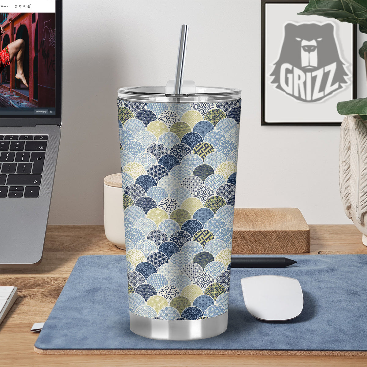 Patchwork Blue Traditional Japanese Print Pattern Tumbler-grizzshop