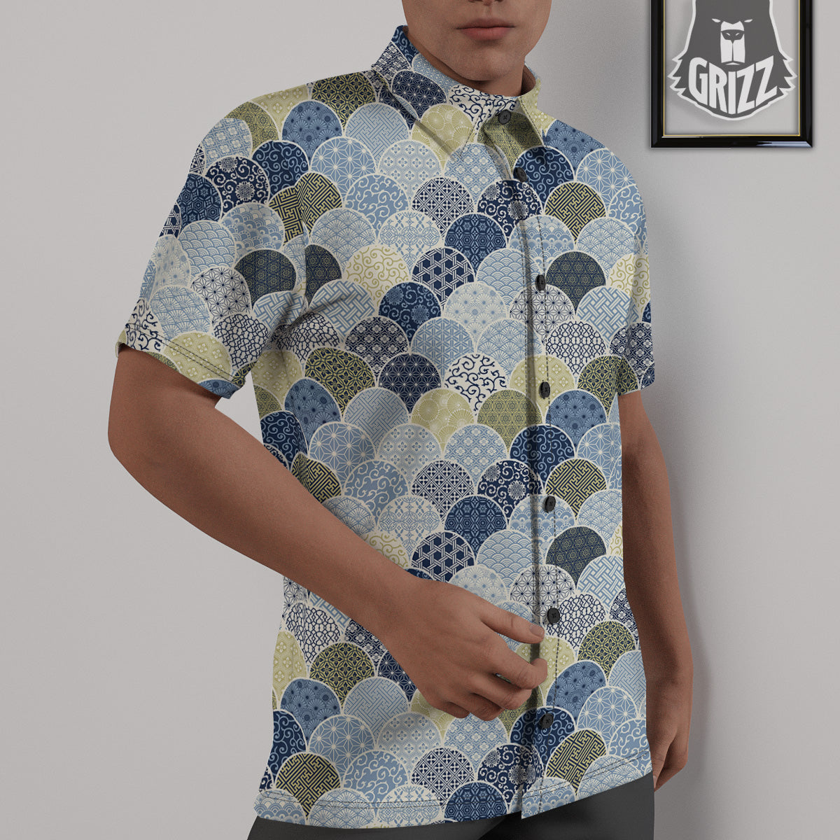 Patchwork Blue Traditional Japanese Print Pattern Untucked Shirts-grizzshop