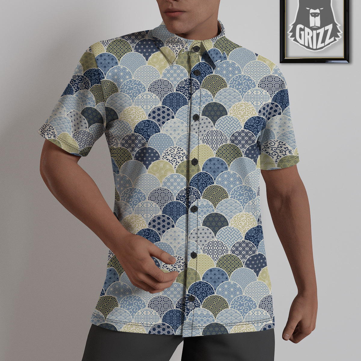 Patchwork Blue Traditional Japanese Print Pattern Untucked Shirts-grizzshop