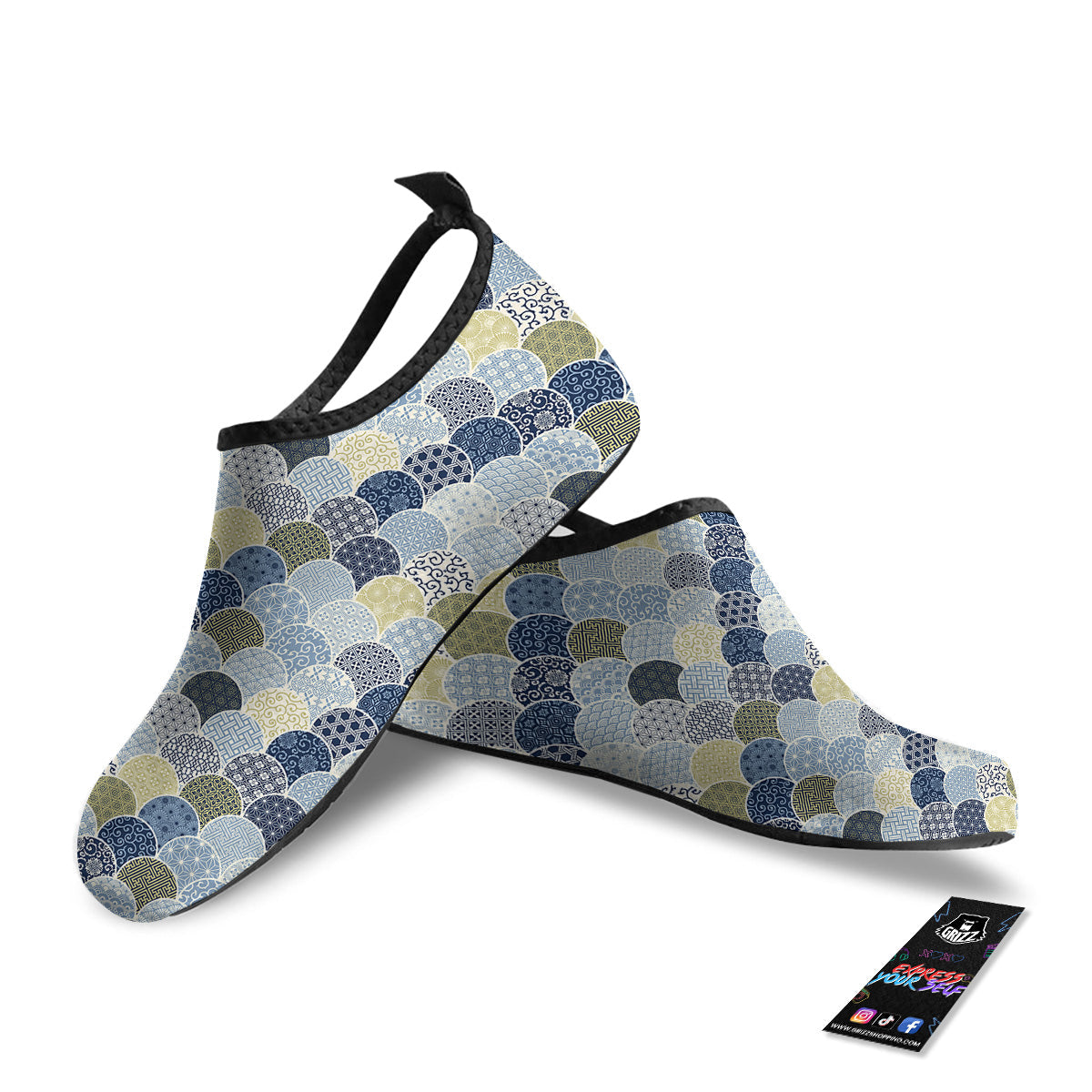 Patchwork Blue Traditional Japanese Print Pattern Water Shoes-grizzshop